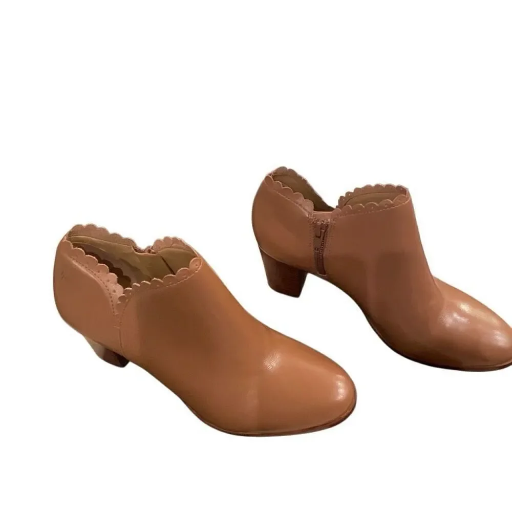 Jack Rogers Womens Marianne Scalloped Edge Booties 7.5M Tan Leather Stacked Heel